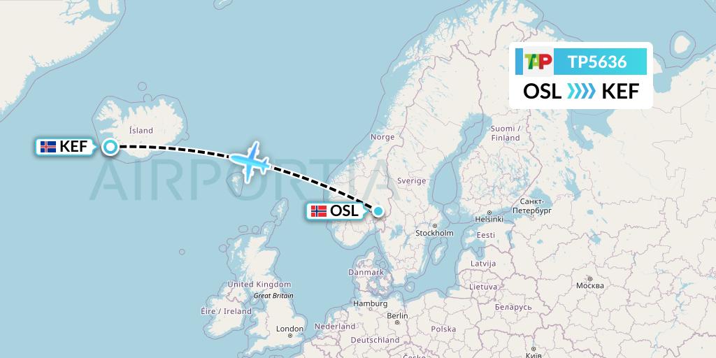 TP5636 TAP Portugal Flight Map: Oslo to Reykjavik