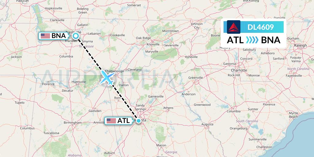 DL4609 Delta Air Lines Flight Map: Atlanta to Nashville