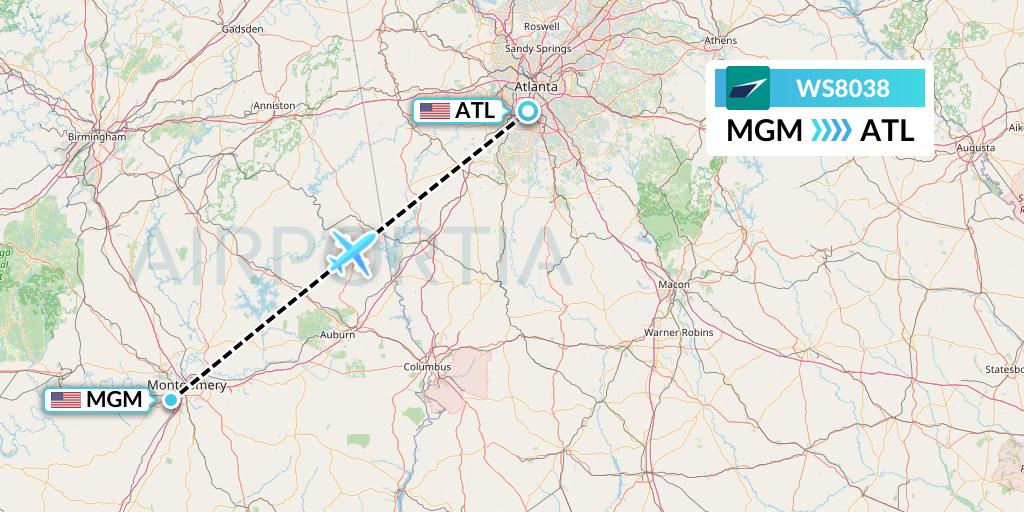 WS8038 WestJet Flight Map: Montgomery to Atlanta