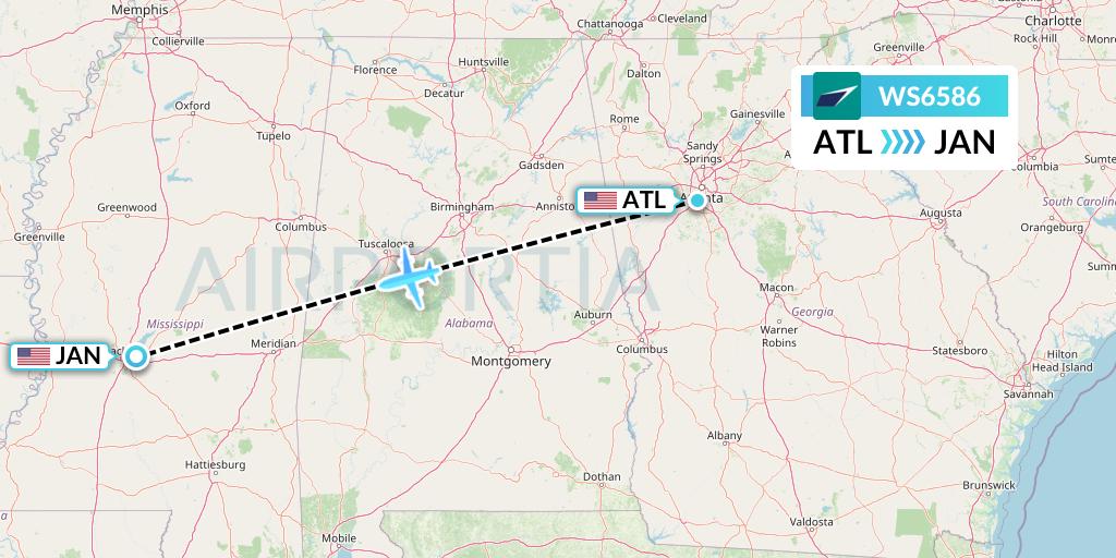 WS6586 WestJet Flight Map: Atlanta to Jackson