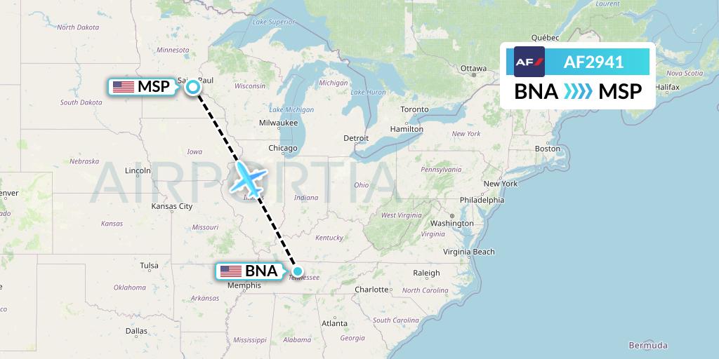 AF2941 Air France Flight Map: Nashville to Minneapolis