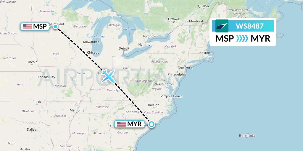 WS8487 WestJet Flight Map: Minneapolis to Myrtle Beach