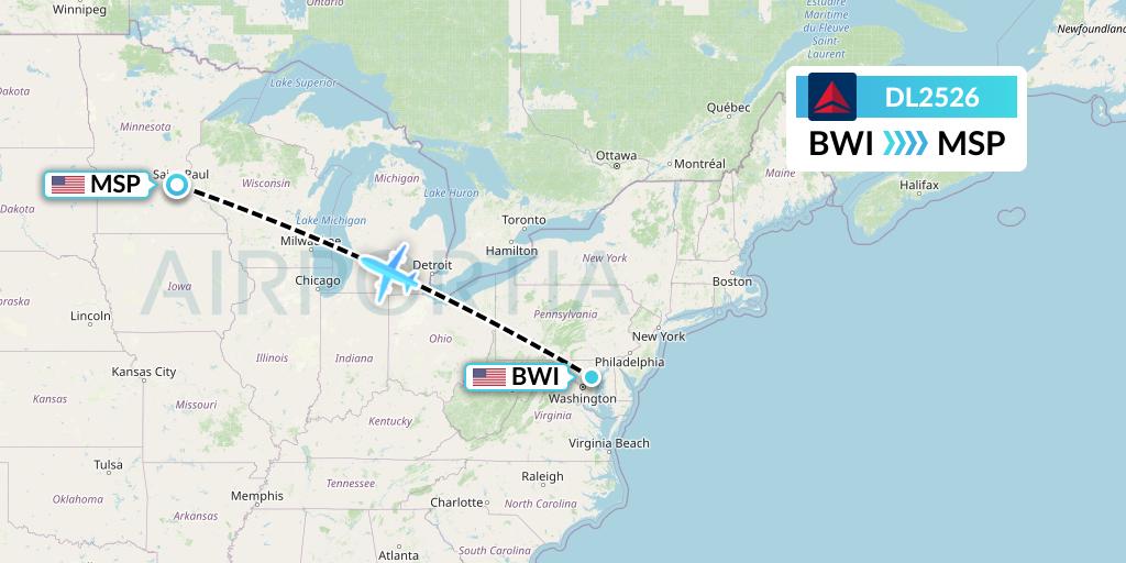 DL2526 Delta Air Lines Flight Map: Baltimore to Minneapolis