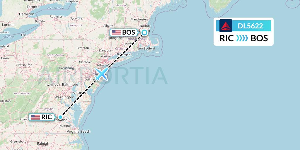 DL5622 Delta Air Lines Flight Map: Richmond to Boston