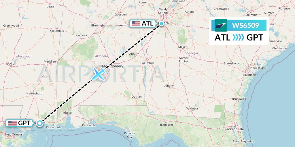 WS6509 WestJet Flight Map: Atlanta to Gulfport