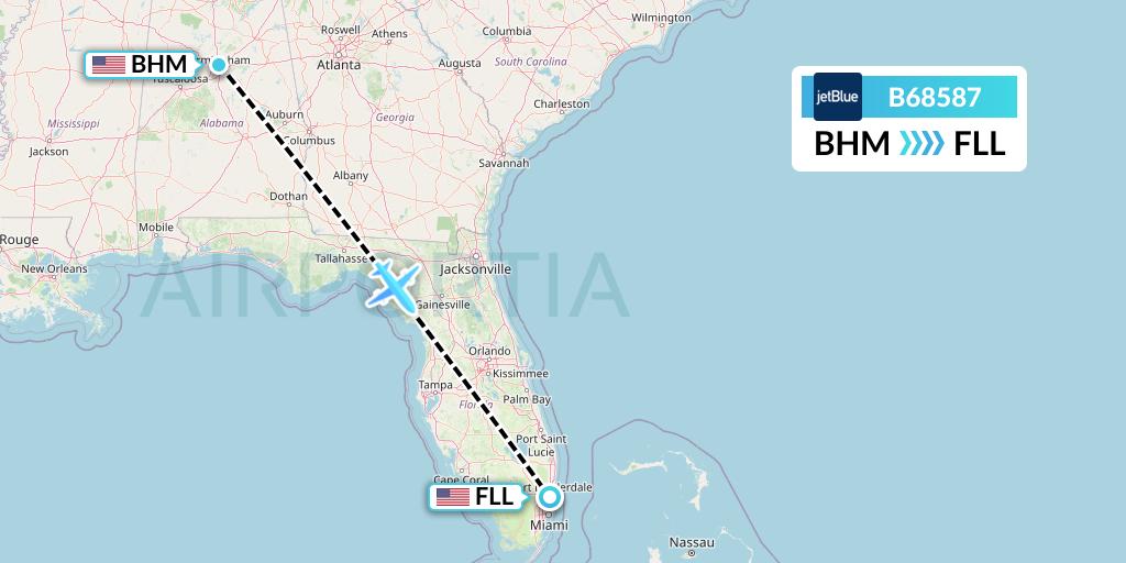 B68587 JetBlue Airways Flight Map: Birmingham to Fort Lauderdale