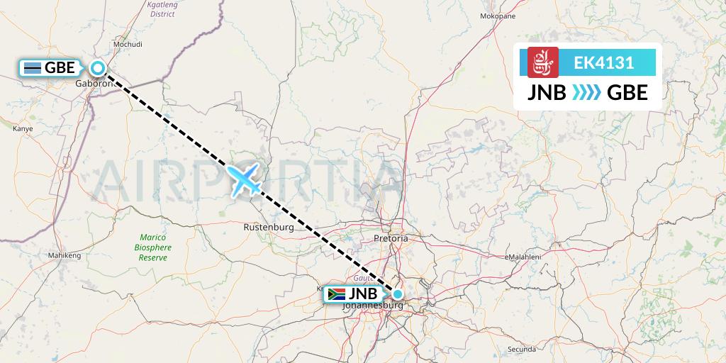 EK4131 Emirates Flight Map: Johannesburg to Gaborone