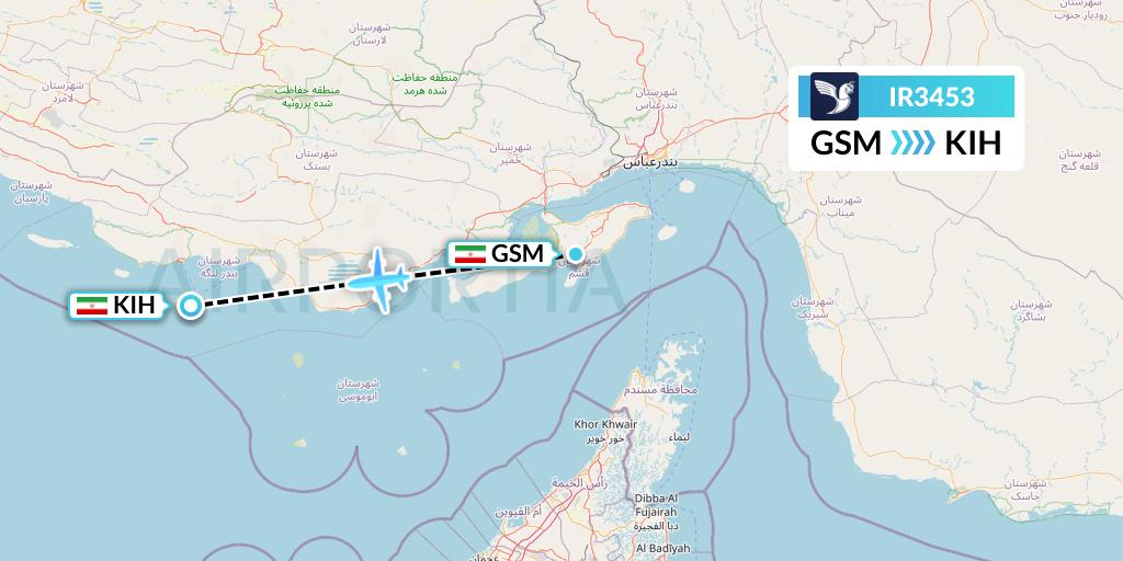 IR3453 Iran Air Flight Map: Qeshm Island to Kish Island