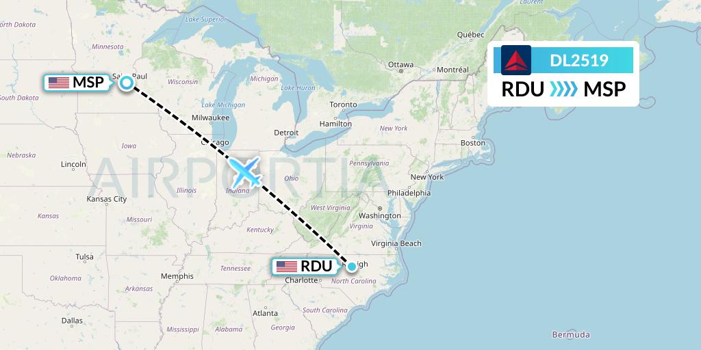 DL2519 Delta Air Lines Flight Map: Raleigh-Durham to Minneapolis