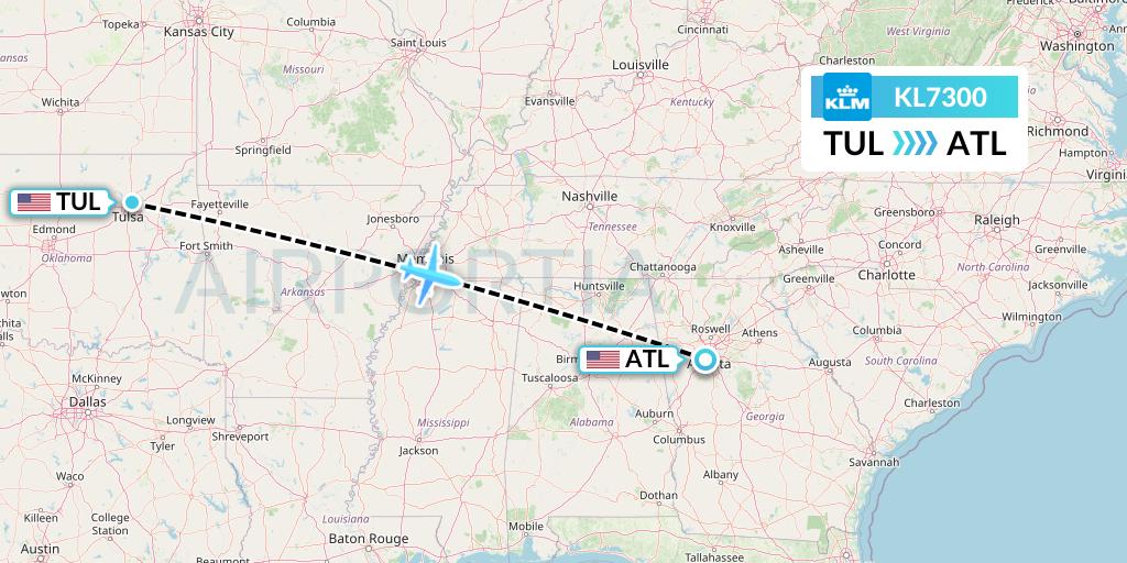 KL7300 KLM Flight Map: Tulsa to Atlanta