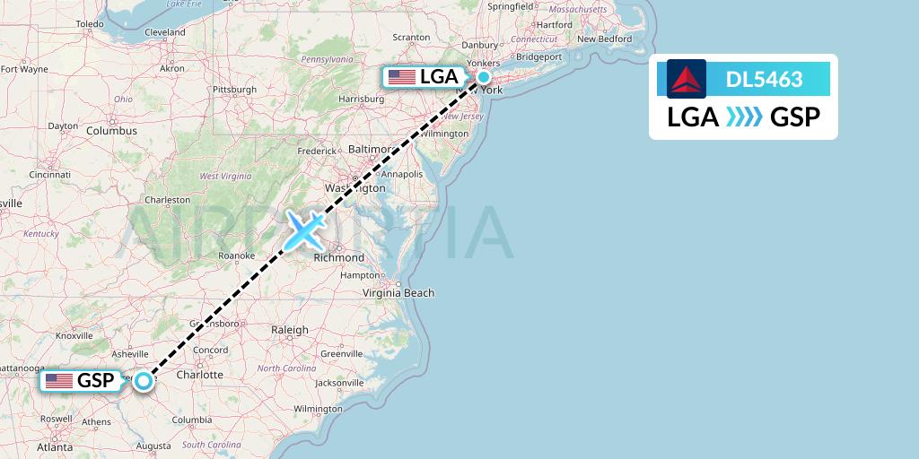 DL5463 Delta Air Lines Flight Map: New York to Greenville-Spartanburg