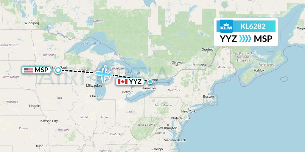 KL6282 KLM Flight Map: Toronto to Minneapolis