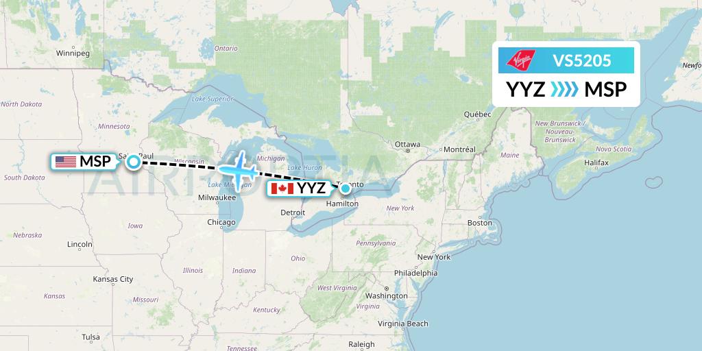 VS5205 Virgin Atlantic Airways Flight Map: Toronto to Minneapolis