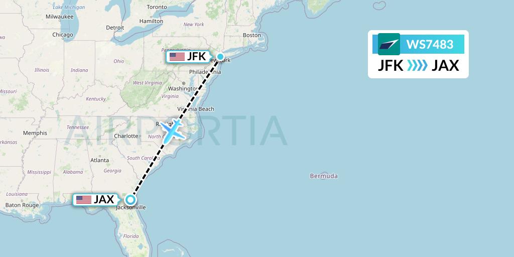 WS7483 WestJet Flight Map: New York to Jacksonville