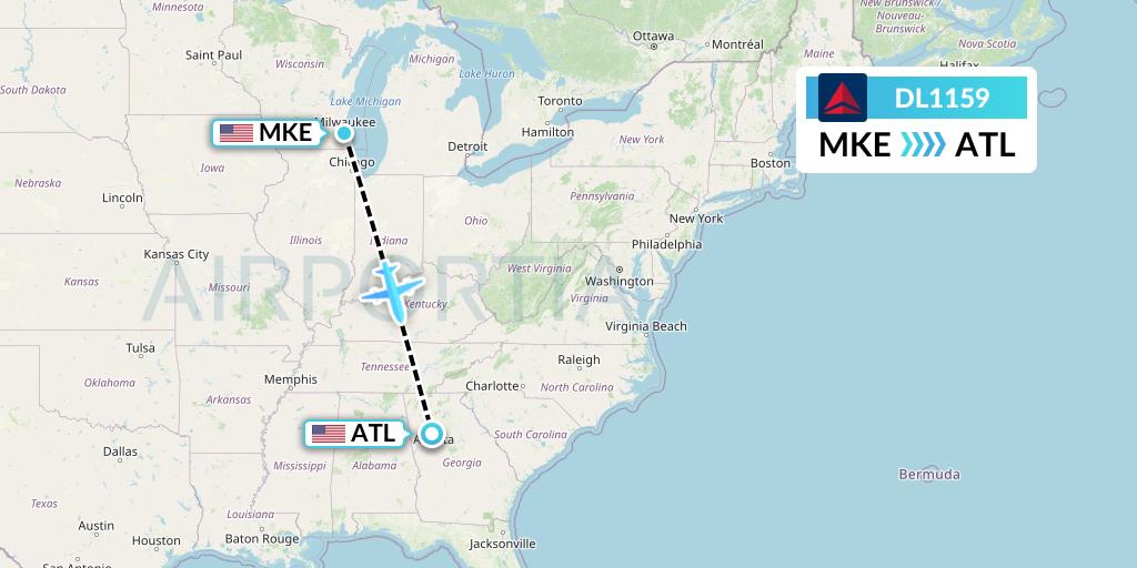 DL1159 Delta Air Lines Flight Map: Milwaukee to Atlanta