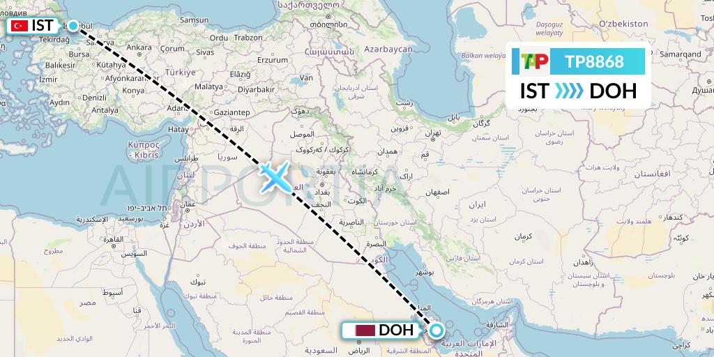 TP8868 TAP Portugal Flight Map: Istanbul to Doha