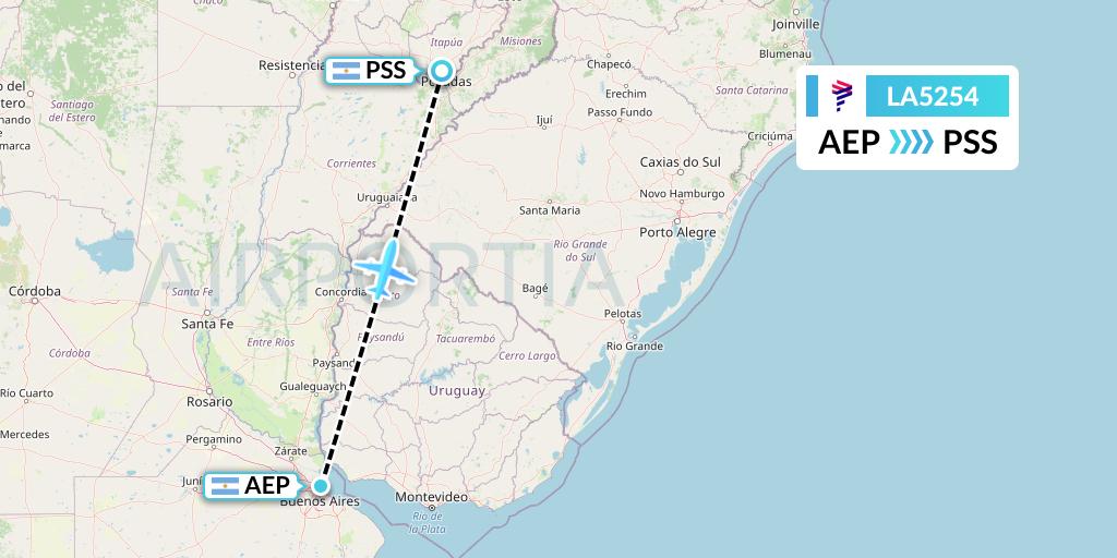 LA5254 LAN Airlines Flight Map: Buenos Aires to Posadas
