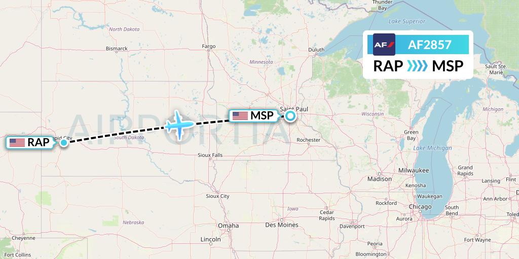 AF2857 Air France Flight Map: Rapid City to Minneapolis