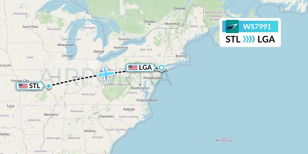 WS7991 WestJet Flight Map: St. Louis to New York