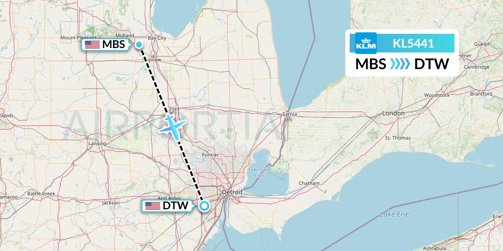 KL5441 KLM Flight Map: Saginaw to Detroit