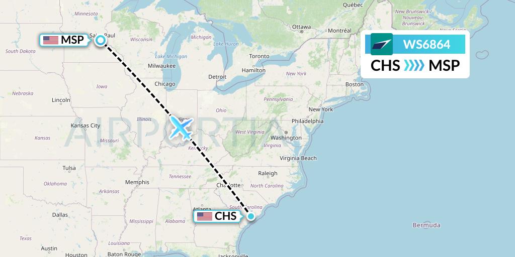 WS6864 WestJet Flight Map: Charleston to Minneapolis
