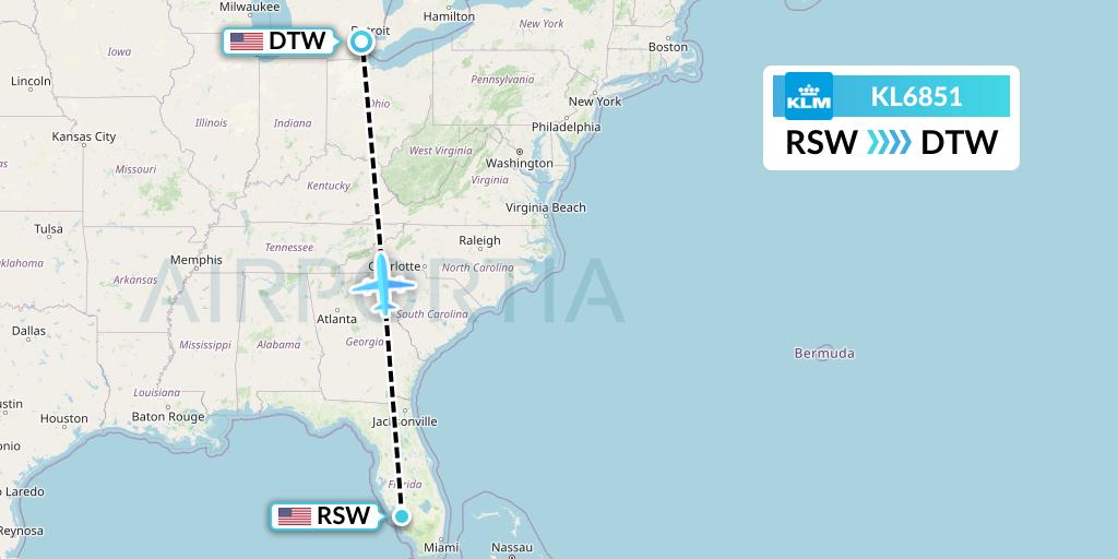 KL6851 KLM Flight Map: Fort Myers to Detroit