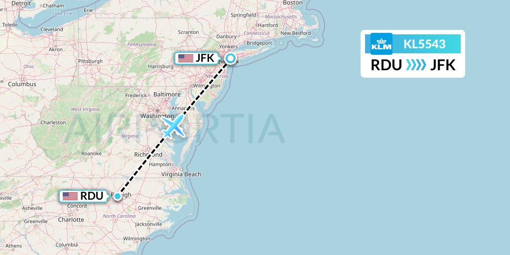 KL5543 KLM Flight Map: Raleigh-Durham to New York