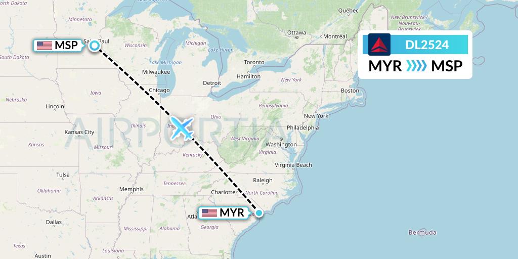DL2524 Delta Air Lines Flight Map: Myrtle Beach to Minneapolis