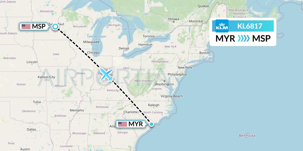 KL6817 KLM Flight Map: Myrtle Beach to Minneapolis