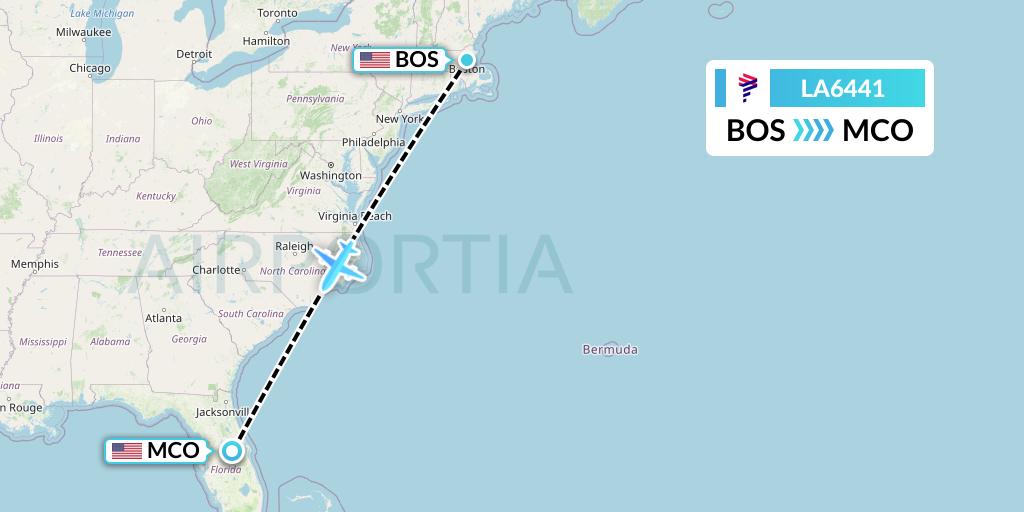 LA6441 LAN Airlines Flight Map: Boston to Orlando