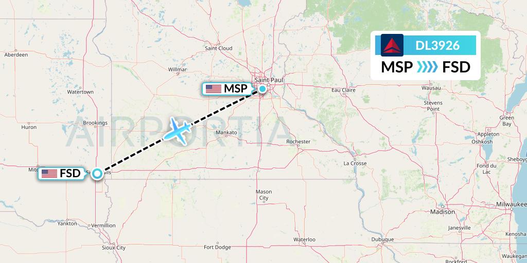DL3926 Delta Air Lines Flight Map: Minneapolis to Sioux Falls