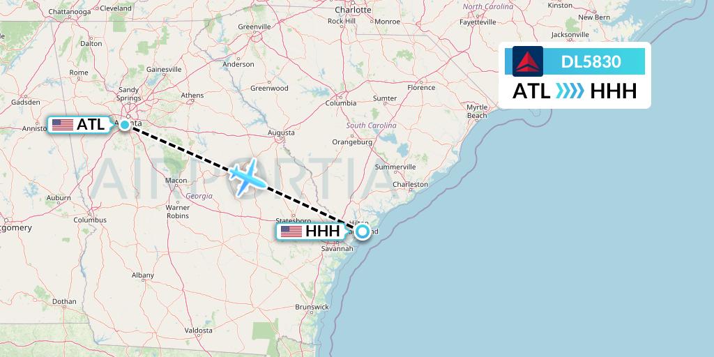 DL5830 Delta Air Lines Flight Map: Atlanta to Hilton Head Island