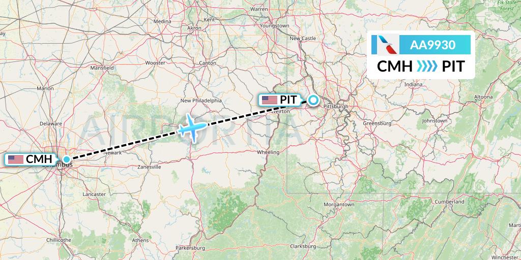 AA9930 American Airlines Flight Map: Columbus to Pittsburgh
