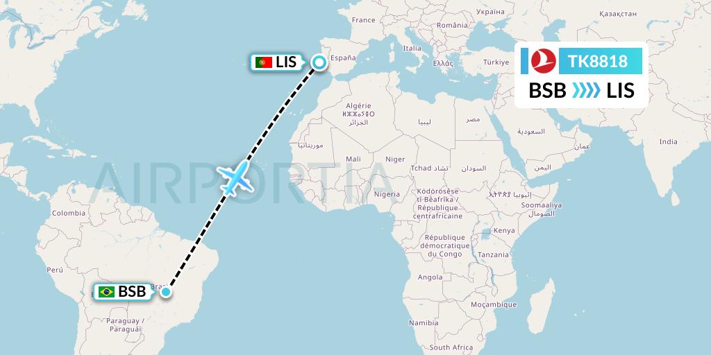TK8818 Turkish Airlines Flight Map: Brasilia to Lisbon