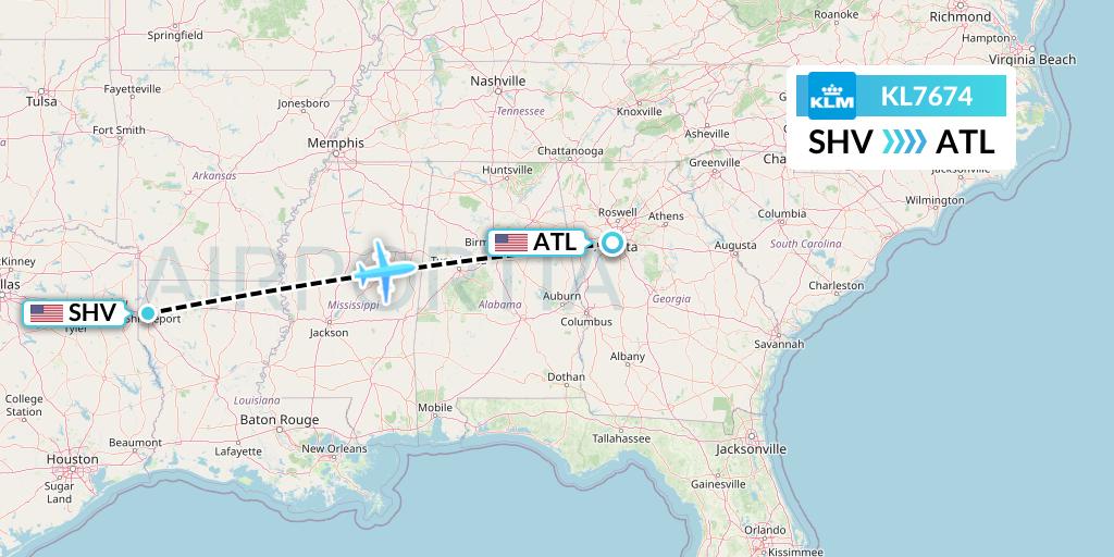 KL7674 KLM Flight Map: Shreveport to Atlanta