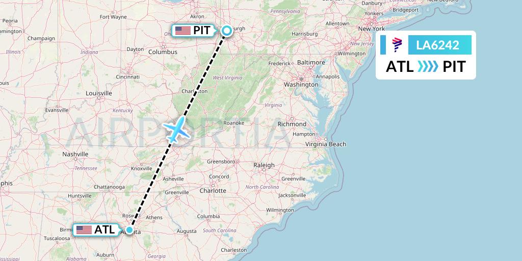 LA6242 LAN Airlines Flight Map: Atlanta to Pittsburgh