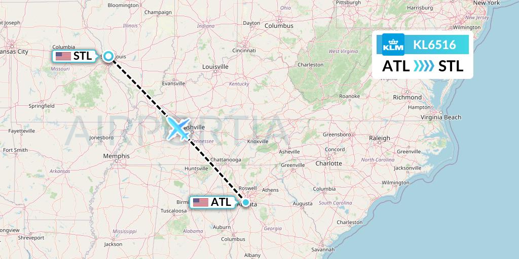 KL6516 KLM Flight Map: Atlanta to St. Louis
