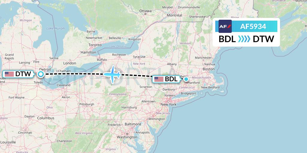 AF5934 Air France Flight Map: Windsor Locks to Detroit
