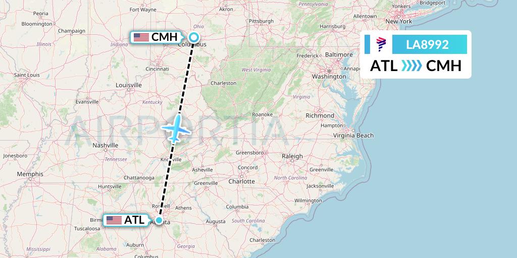 LA8992 LAN Airlines Flight Map: Atlanta to Columbus