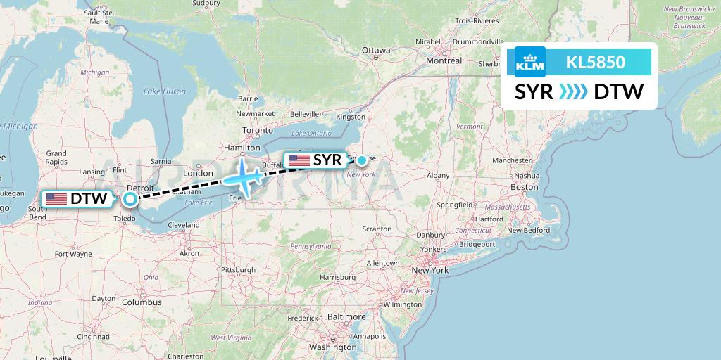 KL5850 KLM Flight Map: Syracuse to Detroit