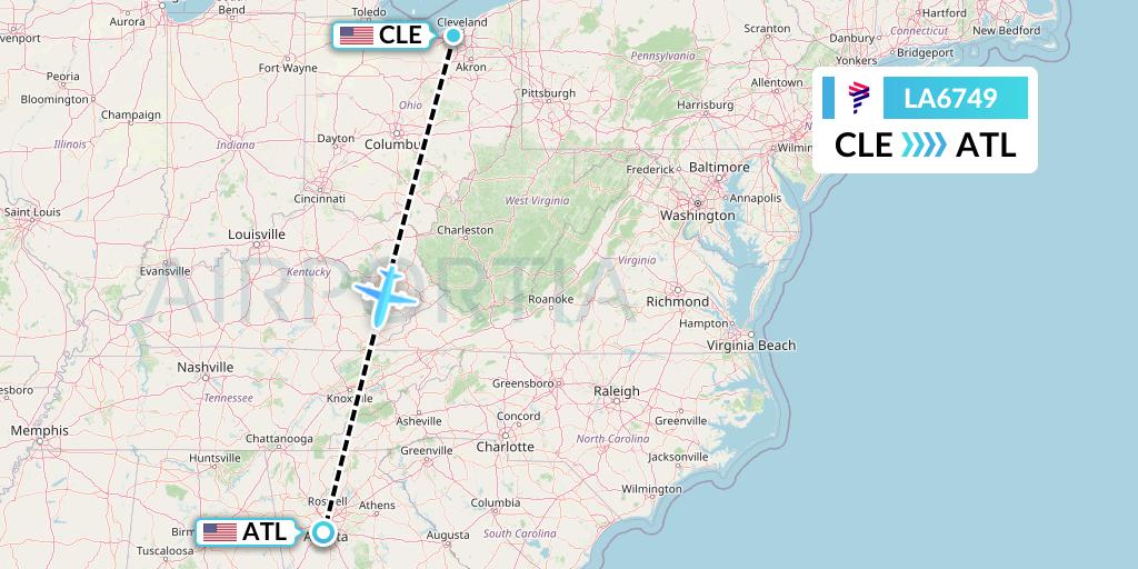 LA6749 LAN Airlines Flight Map: Cleveland to Atlanta