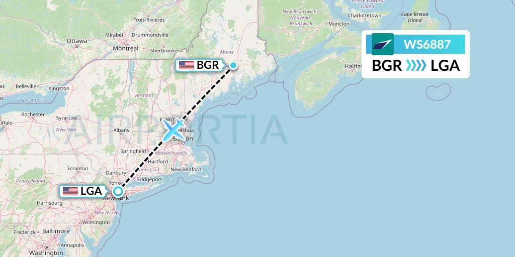 WS6887 WestJet Flight Map: Bangor to New York
