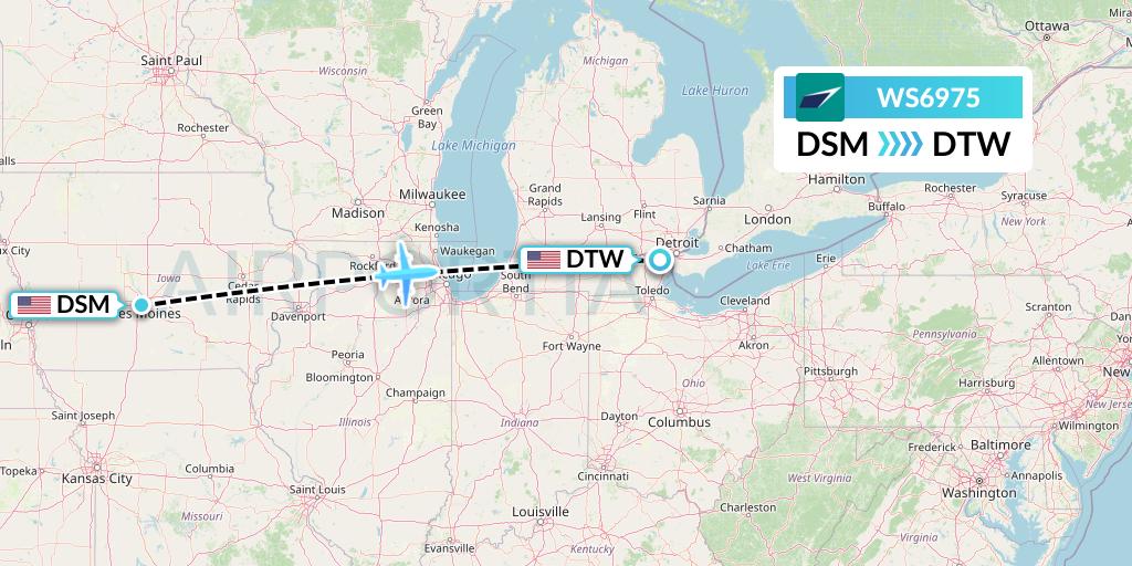 WS6975 WestJet Flight Map: Des Moines to Detroit