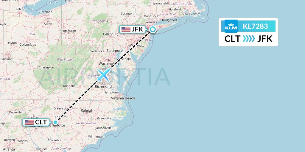 KL7283 KLM Flight Map: Charlotte to New York