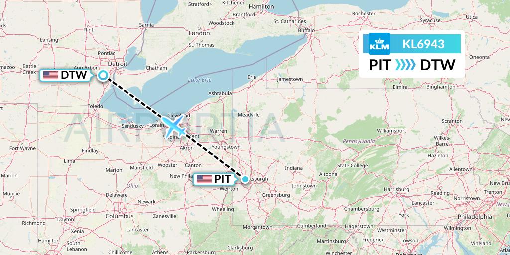 KL6943 KLM Flight Map: Pittsburgh to Detroit