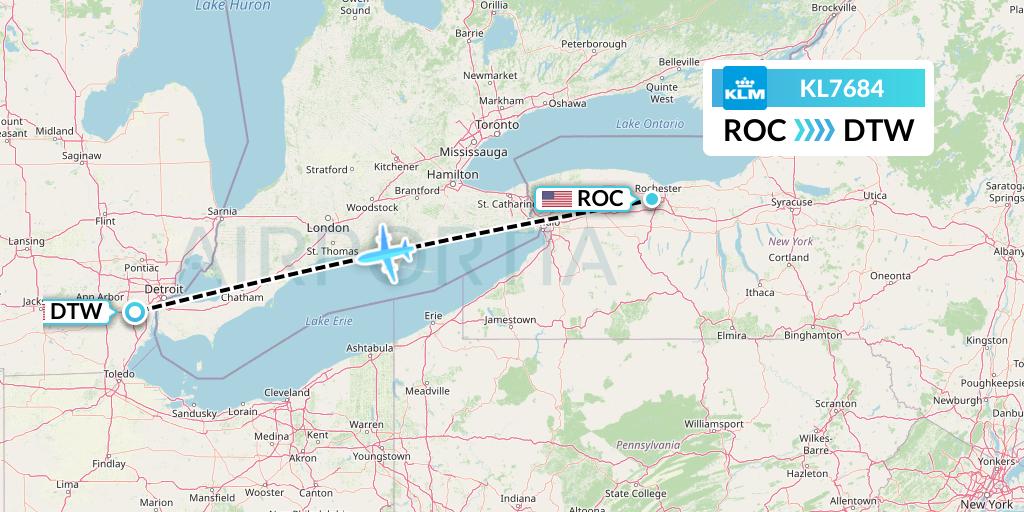 KL7684 KLM Flight Map: Rochester to Detroit