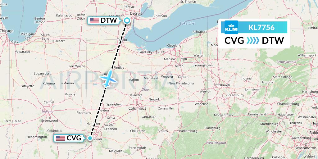 KL7756 KLM Flight Map: Cincinnati to Detroit