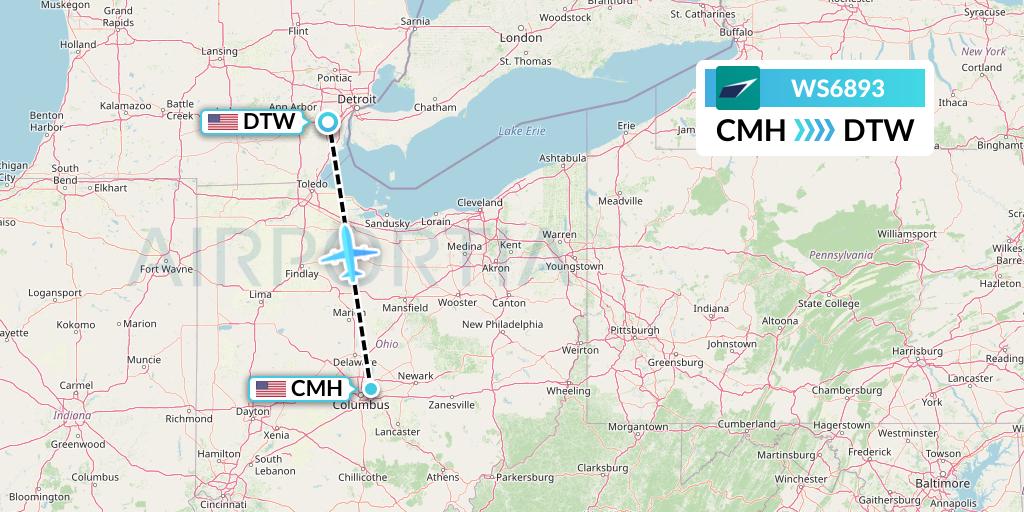 WS6893 WestJet Flight Map: Columbus to Detroit