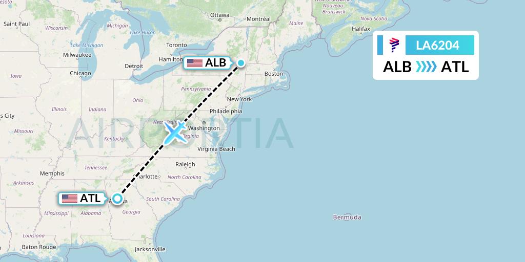 LA6204 LAN Airlines Flight Map: Albany to Atlanta