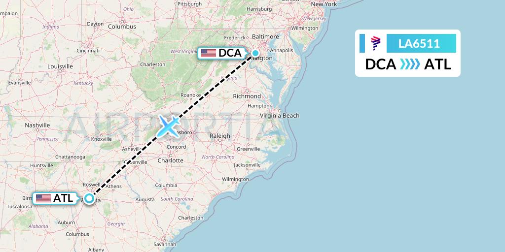 LA6511 LAN Airlines Flight Map: Washington to Atlanta